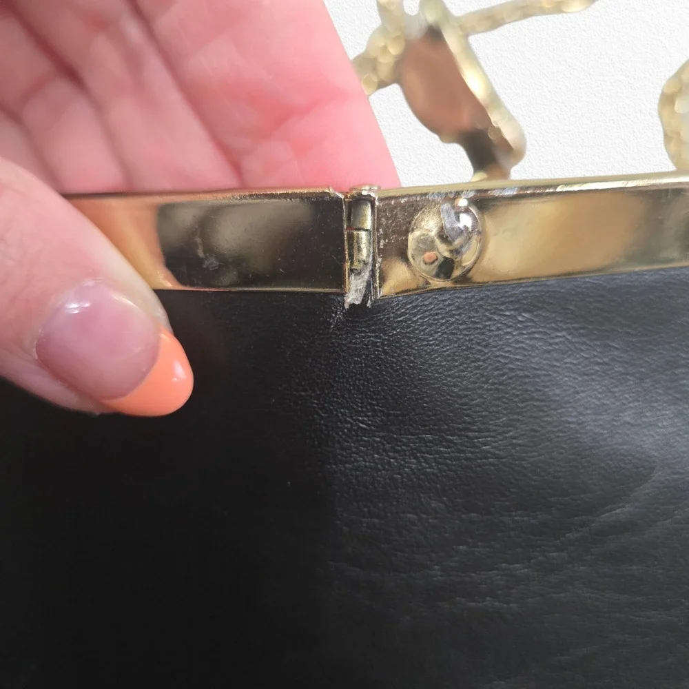 Vintage 1950s Black Leather Evening Bag Gold Frame Lift Clasp Chain Strap Etra